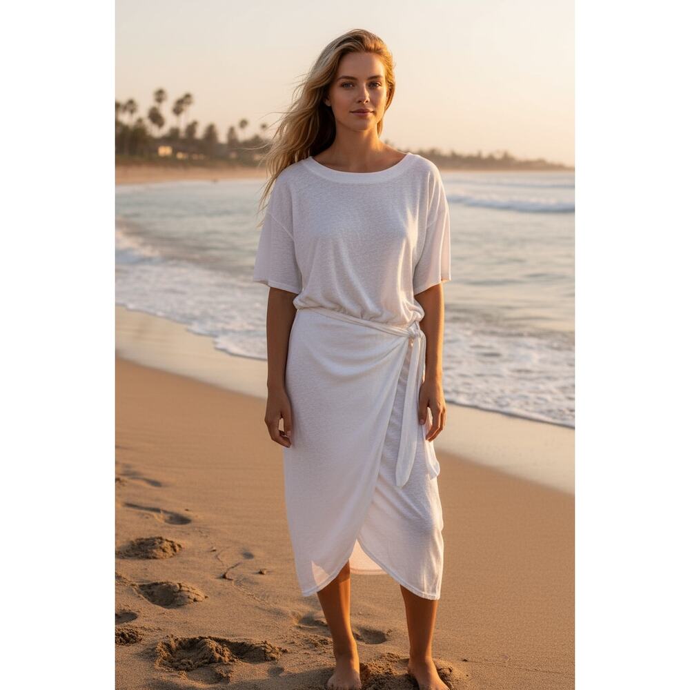 Free People Leila Beach Dress M | White Smocked Faux Wrap Skirt Cotton Slit Midi